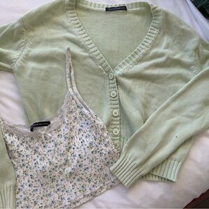 Brandy Melville Mint Button-Up Cardigan and flowered tank top